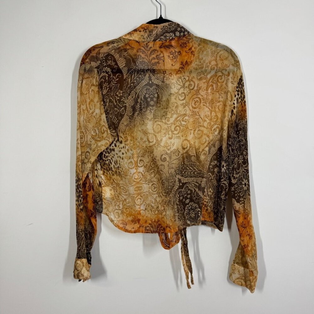 Carrou Collection Boho Tie Front Blouse Size 3 Brown Orange Sheer Resort Wear - Picture 10 of 14